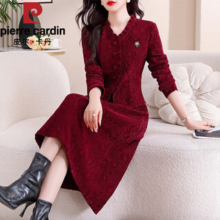 Pierre cardin (pierre cardin) fake two-piece red festive wedding banquet mother's wear 2025 new autumn and winter velvet thickened wood ear edge dress burgundy m 90-100jin jin equals 0.5 kg