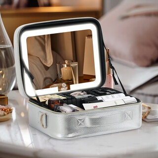 韵宝莱带镜子化妆包女2025新款便携式高级感大容量带灯美妆化妆品包包 时尚银__大号12寸【菱格二代】