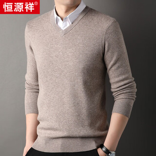 Hengyuanxiang thickened 100% pure wool sweater fake two-piece men's autumn and winter new business casual shirt collar base sweater light khaki l 175/50/110
