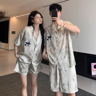 Clolv kissck couple light luxury pajamas summer ice silk short-sleeved thin cute simulated silk men and women summer home wear set h05 couple one man and one woman female l + male xl