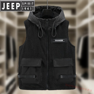 Jeep spirit autumn and winter new lamb velvet vest men's jacket waistcoat cotton clothes trendy workwear big pocket horse clip handsome cotton clothes black l 90-110jin jin is equal to 0.5 kg