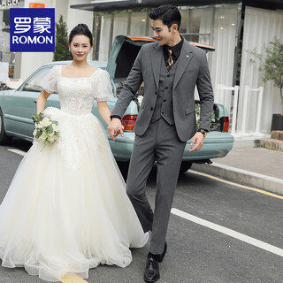 Romon groom wedding formal suit men's three-piece business casual suit men's british elastic slim suit medium gray top + pants + vest white shirt 50/l 105-120jin jin equals 0.5 kg to wear