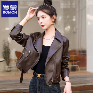 Romon early spring new fashionable leather jacket women's short motorcycle jacket casual small pu leather spring and autumn leather jacket coffee color without velvet l 105-115jin jin equals 0.5 kg