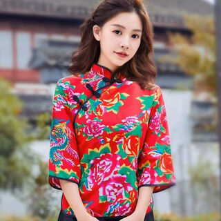 Ning xinyan northeast big flower cloth clothes village girl duo performance costumes funny sisters costume square dance yangko costume suit new red big flower single top l (recommended 95-110jin jin is equal to 0.5 kg)