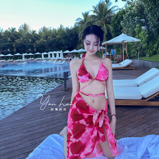He yangyu swimsuit female ins style european and american hottie tie-dye sexy split bikini three-piece set veil hot spring resort swimsuit color s