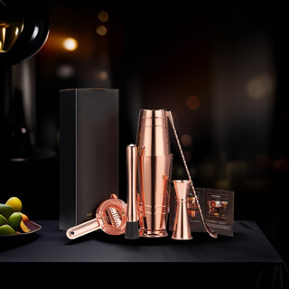 Panxudou stainless steel bartending set, self-taught cocktail shaker, shaker, bartending tools, shaker cup, bar mixer, rose gold boston 5-piece gift box