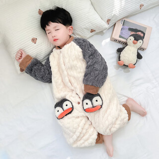 Papi monkey boys sleeping bag coral fleece winter thickened baby anti-kick quilt autumn and winter flannel children's pajamas winter gray double layer thickened size 110 recommended for 3-4 years old (height around 105cm)
