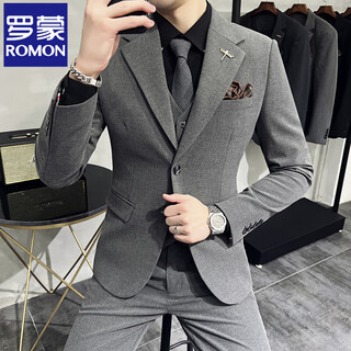 Romon high-end commuter large size suit men's business casual suit korean version slim suit wedding groom three-piece suit medium gray suit + trousers xl 120-132jin jin equals 0.5 kg