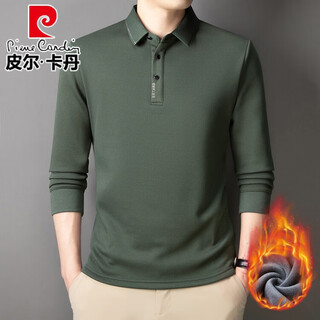 Pierre cardin high-end men's long-sleeved t-shirt middle-aged dad's loose bottoming polo shirt winter velvet thickened warm top bean green 4xl -58-130