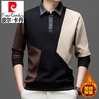 Pierre cardin (pierre cardin) brand sweatshirt men's autumn and winter new velvet thickened color matching top loose casual lapel long-sleeved t-shirt for men w001 khaki style velvet xl