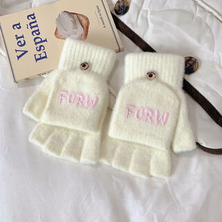 Queenjoy korean style gloves winter girls cute fingerless wool plus velvet to keep warm and cold-proof student writing half-finger flip-up gloves with white letters