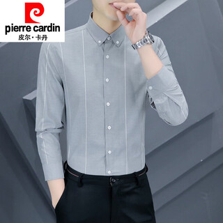 皮尔卡丹（pierre cardin）春秋长袖条纹衬衫男士修身休闲商务休闲免烫打底衬衣潮装 CS24款   灰色 长袖 3XL 推荐145-160斤
