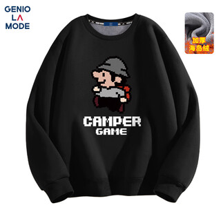 GENIOLAMODE加绒卫衣男士冬季加厚圆领无帽青少年男生冬天套头衣服 黑色 L