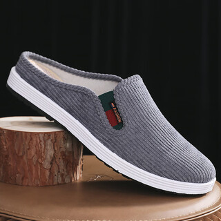 Duyinchu old beijing cloth shoes slippers non-slip shoes heelless breathable half slippers for men at home one-legged half-support lazy slippers for men gray corduroy half slippers 42