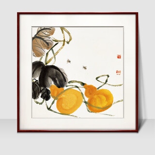 Zi teng suixuan qi baishi decorative painting new chinese style living room background wall hanging painting bedroom dining room restaurant ink shrimp mural gourd 50*50cm mahogany color solid wood frame