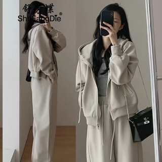 Shufangdie (shufangdie) casual sweatshirt sports suit for women 2025 autumn fashion slimming age-reducing wide-leg pants hooded running two-piece set trendy khaki gray jacket + pants m