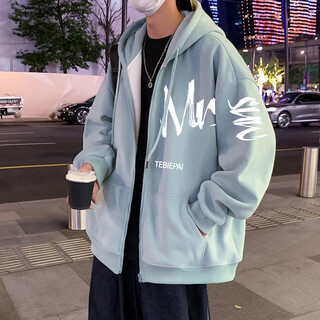 Maoni american sweatshirt jacket for men spring and autumn loose 2024 winter velvet thickened hooded zipper cardigan jacket matcha green main picture xl recommended weight 115-145jin jin is equal to about 0.5 kg