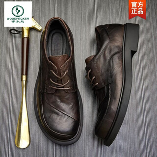 Woodpecker leather shoes men's 2025 new spring genuine leather men's round toe handmade business low-top casual men's leather shoes brown 42