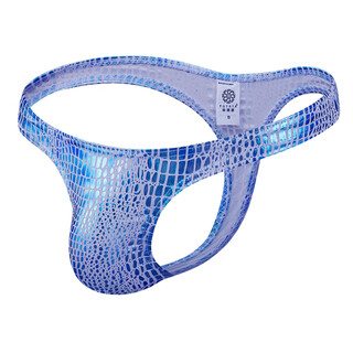 Men's shiny t-pants, imitation leather snake print sexy plaid sexy underwear, narrow edge breathable thong stage performance, blue, large size, note the size l (2.6-2.8 feet)