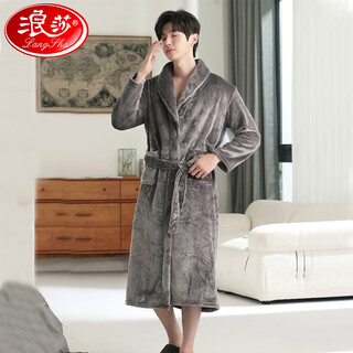 Langsha men's bathrobe winter coral fleece nightgown plus velvet thickened extra long bathrobe autumn and winter flannel pajamas large size light gray men's robe one size 100-180jin jin equals 0.5 kg