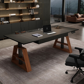 Electric lift table desktop computer desk workbench smart solid wood desk li ren same style leather desk home black saddle leather surface with extractor + plug 1.6*0.7 meters electric lift dual motor