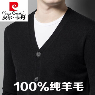 Pierre cardin spring and autumn 100% pure wool sweater men's knitted cardigan men's middle-aged and elderly thin casual v-neck sweater jacket black size 165 (recommended 115jin jin equal to 0.5kg and below)