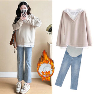 Nanding yage maternity suit autumn and winter new style hooded loose sweater top casual wide leg pants plus velvet thickened two-piece set apricot top + blue jeans velvet suit xl