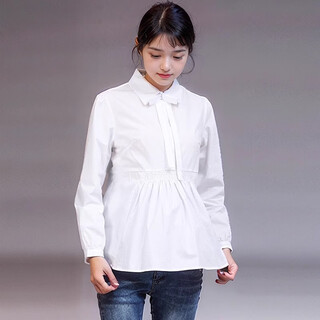 Mommygirl maternity shirt women's pure cotton long-sleeved korean style work wear business wear covering belly striped breastfeeding loose large size spring and autumn white m