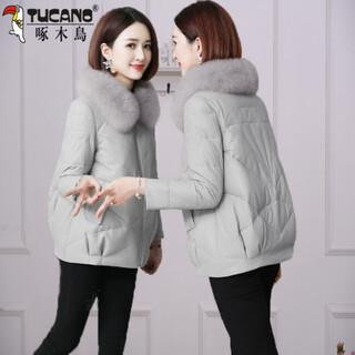Woodpecker large fur collar leather jacket women's 2025 autumn and winter new korean style leather cotton jacket short thickened cotton jacket gray m recommended 95-110jin jin equals 0.5 kg
