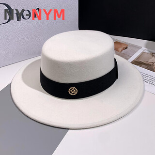 Ny-nym british style retro fashion woolen jazz hat women's hat trendy brand french socialite all-match flat hat white hat + black hatband m (56-58cm)