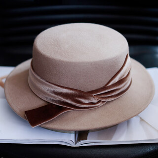 Tochino french new style flat top hat for women in autumn and winter fashion high-end british retro wool hat flat edge internet celebrity woolen hat camel coffee belt large size l (58-61cm) adjustable