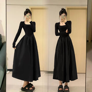 Fox.g black dress women's autumn and winter skirt women's 2025 spring and autumn new long skirt small women's skirt autumn wear black square neck waist long sleeve dress xl recommended 105-125jin jin equals 0.5 kg