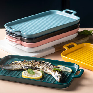 Oemg rectangular double-ear oven baking pan baking simple creative large ceramic household fish plate grilled fin plate household dish plate rectangular double-ear threaded plate-sky blue