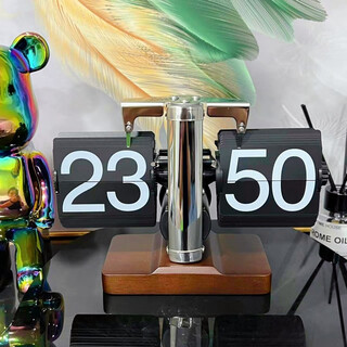 Creative automatic page-turning clock, retro living room ornaments, table clock, modern simple mechanical clock, pendulum clock, home decoration desk clock, convex base, 24-hour stainless steel black page, free battery