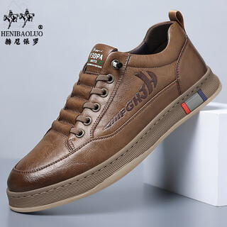 Henipolo sports shoes for men new style cowhide leather men's trendy sneakers for men all-match business casual shoes non-slip low-top men's shoes brown 43 (265mm) leather shoe size