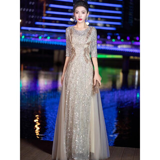 Timochi banquet evening dress women's high-end adult ceremony light luxury dress niche high-end sequined chorus performance dress long champagne silver 2xl
