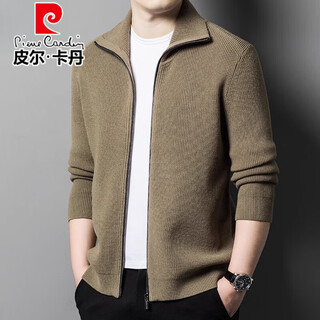 Pierre cardin wool knitted cardigan for men 100% pure wool 2025 autumn and winter thickened casual lapel zipper sweater jacket for men tea green xl size 175