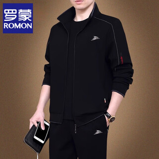 Romon sports suit men's spring and autumn dad casual sweatshirt men's three-piece suit middle-aged and elderly large size loose sportswear 8923 black + long t-shirt + straight pants three-piece suit