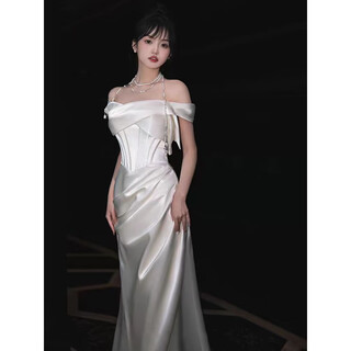 Chuangjingyi selected dress women's banquet evening dress high-end slightly fat french one-shoulder white satin welcome out light wedding dress bride white m