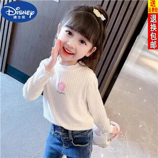 Disney (disney) girls long-sleeved tops autumn and winter new children's round neck pullover bottoming shirt baby pure cotton half turtleneck inner autumn coat white spring and autumn wear around 18 degrees 80 size