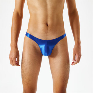 Silky, translucent, oily, silky, super low-waisted men's thong t-pants, sexy and interesting, blue l