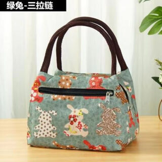Women's mommy handbag western style handbag small bag canvas waterproof lunch box women's bag lunch box cloth bag for work three zippers-green rabbit