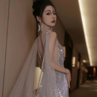 Wenmi company annual meeting dress women's heavy industry evening dress 2024 new style light luxury niche french wedding dress mermaid toast silver white s