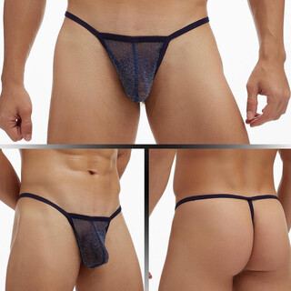 European and american gay men's underwear european and american transparent fine mesh pouch low-waisted single t-pants large size ultra-thin t-pants navy blue 2xl
