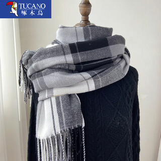 Woodpecker european and american plaid scarf women's autumn and winter korean retro shawl japanese student imitation cashmere warm tassel scarf men's fashion black-line grid