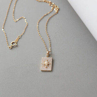 Miling light luxury korean pure 14k gold necklace women's square full diamond inlaid octagonal star pendant k gold clavicle chain individual pendant does not include chain