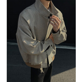 Nying american houndstooth stand collar jacket men's spring and autumn new high street fashion brand casual short jacket loose and versatile old money brown xl (125-145jin jin equals 0.5kg)