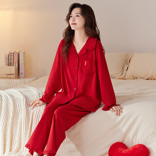 Han cai pajamas women's high-end pure cotton year of the snake zodiac year women's wedding new year's red couple pajamas set rose red xxl