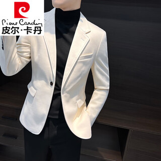 皮尔卡丹（pierre cardin）毛呢小西装外套男春秋款感韩版修身单西2025新款男士休闲西服 米白色 M 【建议110斤以内】