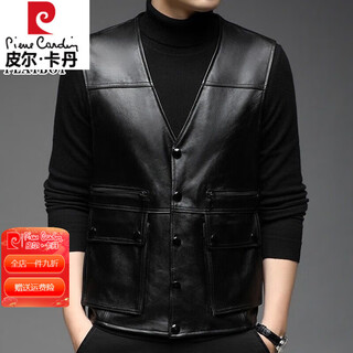 Pierre cardin first-layer cowhide vest for middle-aged and elderly men, sheepskin waistcoat, fashionable spring and autumn casual suit, genuine leather vest, black cowhide 2xl (120-140jin jin equals 0.5kg)